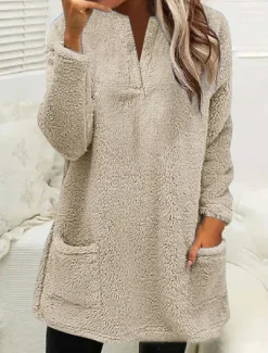 Women's Sweatshirt Casual Sherpa Plain Street Dailywear Crew Neck Pocket Long Sleeve Pink Beige Gray Fall Winter Women Hoodies & Sweatshirts