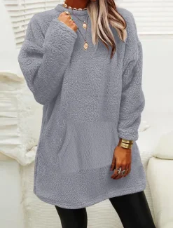 Discount Women's Sweatshirt Casual Sherpa Plain Dailywear Crew Neck Pocket Long Sleeve Pink Blue Green Gray Fall Winter Women Hoodies & Sweatshirts
