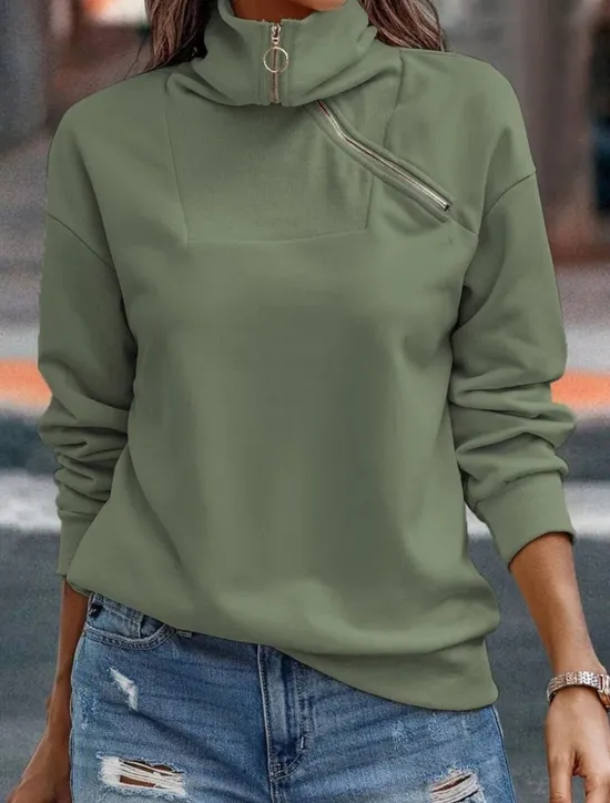 Best Women's Sweatshirt Casual Plain Street Dailywear V Neck Zipper Long Sleeve Green Khaki Gray Fall Winter Women Hoodies & Sweatshirts