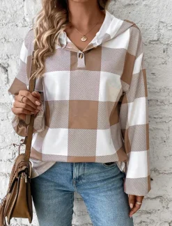 Best Women's Sweatshirt Casual Plaid Street Dailywear Hoodie Buttons Print Long Sleeve Black Khaki Fall Winter Women Hoodies & Sweatshirts