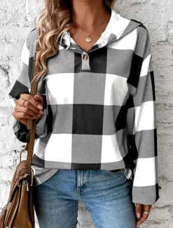 Best Women's Sweatshirt Casual Plaid Street Dailywear Hoodie Buttons Print Long Sleeve Black Khaki Fall Winter Women Hoodies & Sweatshirts