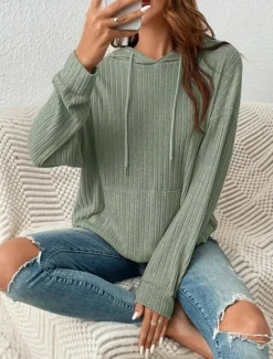 New Women's Sweatshirt Casual Plain Street Dailywear Hooded Pocket Long Sleeve Green Beige Fall Winter Women Hoodies & Sweatshirts