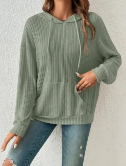New Women's Sweatshirt Casual Plain Street Dailywear Hooded Pocket Long Sleeve Green Beige Fall Winter Women Hoodies & Sweatshirts