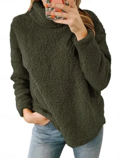 Women's Sweatshirt Casual Sherpa Plain Street Dailywear Turtleneck Print Long Sleeve Green Beige Gray Fall Winter Women Hoodies & Sweatshirts