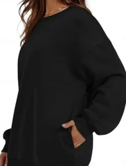 Online Women's Sweatshirt Casual Plain Street Dailywear Crew Neck Pocket Long Sleeve Black Pink Khaki Fall Winter Women Hoodies & Sweatshirts