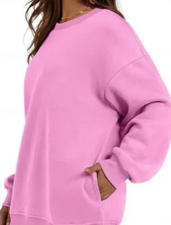 Online Women's Sweatshirt Casual Plain Street Dailywear Crew Neck Pocket Long Sleeve Black Pink Khaki Fall Winter Women Hoodies & Sweatshirts
