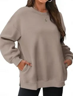 Online Women's Sweatshirt Casual Plain Street Dailywear Crew Neck Pocket Long Sleeve Black Pink Khaki Fall Winter Women Hoodies & Sweatshirts