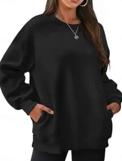 Online Women's Sweatshirt Casual Plain Street Dailywear Crew Neck Pocket Long Sleeve Black Pink Khaki Fall Winter Women Hoodies & Sweatshirts
