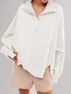 Women's Sweatshirt Casual Plain Street Dailywear V Neck Buttons Long Sleeve White Fuchsia Green Fall Winter Women Hoodies & Sweatshirts
