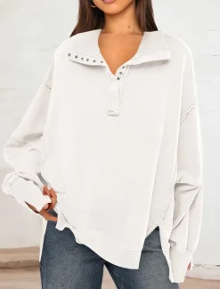 Women's Sweatshirt Casual Plain Street Dailywear V Neck Buttons Long Sleeve White Fuchsia Green Fall Winter Women Hoodies & Sweatshirts