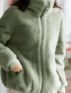 Clearance Women's Sweatshirt Casual Sherpa Plain Street Dailywear Turtleneck Zipper Pocket Long Sleeve White Light Green Khaki Fall Winter Women Hoodies & Sweatshirts