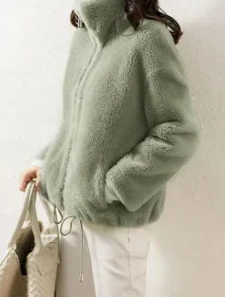Clearance Women's Sweatshirt Casual Sherpa Plain Street Dailywear Turtleneck Zipper Pocket Long Sleeve White Light Green Khaki Fall Winter Women Hoodies & Sweatshirts