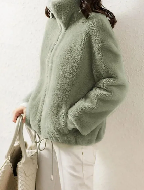 Clearance Women's Sweatshirt Casual Sherpa Plain Street Dailywear Turtleneck Zipper Pocket Long Sleeve White Light Green Khaki Fall Winter Women Hoodies & Sweatshirts