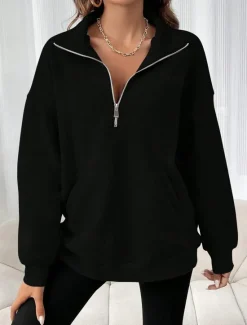 Sale Women's Sweatshirt Casual Plain Street Dailywear Turtleneck Pocket Half Zip Long Sleeve Black Red Fall Winter Women Hoodies & Sweatshirts