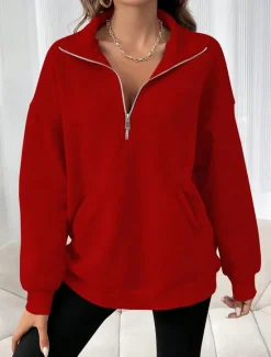 Sale Women's Sweatshirt Casual Plain Street Dailywear Turtleneck Pocket Half Zip Long Sleeve Black Red Fall Winter Women Hoodies & Sweatshirts