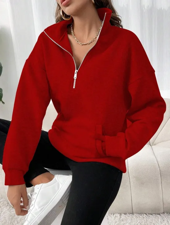 Sale Women's Sweatshirt Casual Plain Street Dailywear Turtleneck Pocket Half Zip Long Sleeve Black Red Fall Winter Women Hoodies & Sweatshirts