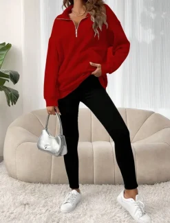 Sale Women's Sweatshirt Casual Plain Street Dailywear Turtleneck Pocket Half Zip Long Sleeve Black Red Fall Winter Women Hoodies & Sweatshirts