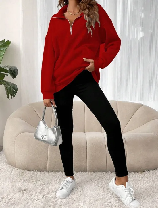 Sale Women's Sweatshirt Casual Plain Street Dailywear Turtleneck Pocket Half Zip Long Sleeve Black Red Fall Winter Women Hoodies & Sweatshirts