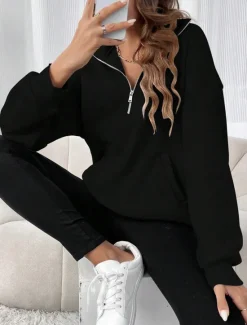 Sale Women's Sweatshirt Casual Plain Street Dailywear Turtleneck Pocket Half Zip Long Sleeve Black Red Fall Winter Women Hoodies & Sweatshirts