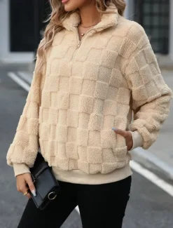 Clearance Women's Sweatshirt Casual Sherpa Fleece Plain Street Dailywear Turtleneck Zipper Long Sleeve Fall Winter Women Hoodies & Sweatshirts