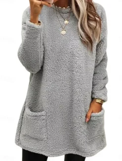 New Women's Sweatshirt Casual Sherpa Plain Dailywear Crew Neck Pocket Long Sleeve Brown Green Gray Fall Winter Women Hoodies & Sweatshirts