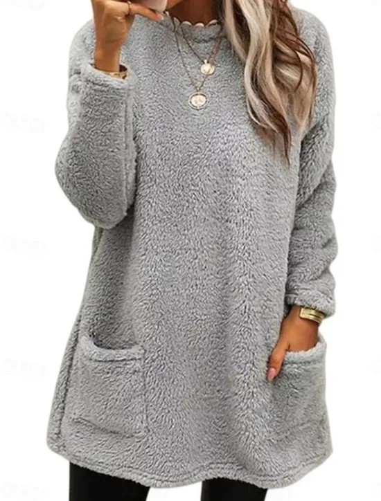 New Women's Sweatshirt Casual Sherpa Plain Dailywear Crew Neck Pocket Long Sleeve Brown Green Gray Fall Winter Women Hoodies & Sweatshirts