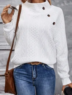 New Women's Sweatshirt Casual Textured Plain Street Dailywear Crew Neck Buttons Long Sleeve Fall Winter Women Hoodies & Sweatshirts