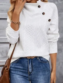 New Women's Sweatshirt Casual Textured Plain Street Dailywear Crew Neck Buttons Long Sleeve Fall Winter Women Hoodies & Sweatshirts