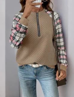 Outlet Women's Sweatshirt Casual Plaid Street Dailywear Crew Neck Zipper Print Long Sleeve Fall Winter Women Hoodies & Sweatshirts