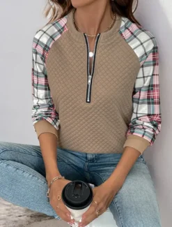 Outlet Women's Sweatshirt Casual Plaid Street Dailywear Crew Neck Zipper Print Long Sleeve Fall Winter Women Hoodies & Sweatshirts