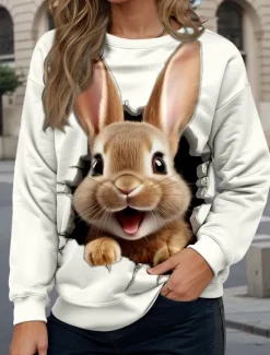 Online Women's Sweatshirt Casual Rabbit Street Dailywear Crew Neck Print Long Sleeve Fall Winter Women Hoodies & Sweatshirts