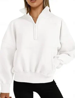 Hot Women's Sweatshirt Casual Plain Street Dailywear Turtleneck Pocket Half Zip Long Sleeve White Pink Orange Fall Winter Women Hoodies & Sweatshirts