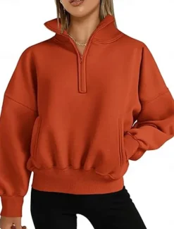 Hot Women's Sweatshirt Casual Plain Street Dailywear Turtleneck Pocket Half Zip Long Sleeve White Pink Orange Fall Winter Women Hoodies & Sweatshirts