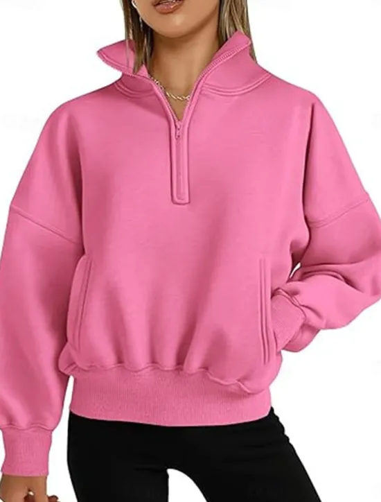 Hot Women's Sweatshirt Casual Plain Street Dailywear Turtleneck Pocket Half Zip Long Sleeve White Pink Orange Fall Winter Women Hoodies & Sweatshirts