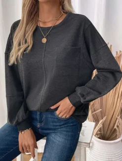 Discount Women's Sweatshirt Casual Plain Street Dailywear Crew Neck Print Long Sleeve Fall Winter Women Hoodies & Sweatshirts