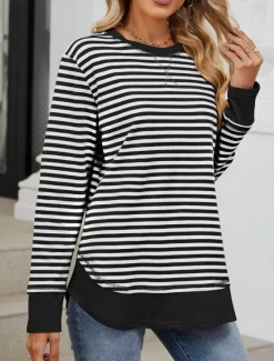 Best Women's Sweatshirt Casual Striped Street Dailywear Crew Neck Print Long Sleeve Black Pink Fall Winter Women Hoodies & Sweatshirts