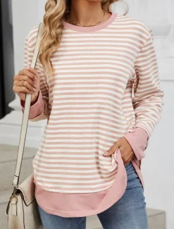 Best Women's Sweatshirt Casual Striped Street Dailywear Crew Neck Print Long Sleeve Black Pink Fall Winter Women Hoodies & Sweatshirts