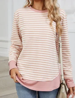 Best Women's Sweatshirt Casual Striped Street Dailywear Crew Neck Print Long Sleeve Black Pink Fall Winter Women Hoodies & Sweatshirts