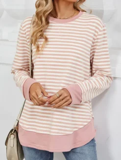 Best Women's Sweatshirt Casual Striped Street Dailywear Crew Neck Print Long Sleeve Black Pink Fall Winter Women Hoodies & Sweatshirts