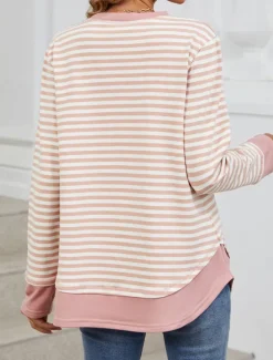 Best Women's Sweatshirt Casual Striped Street Dailywear Crew Neck Print Long Sleeve Black Pink Fall Winter Women Hoodies & Sweatshirts