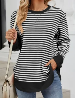 Best Women's Sweatshirt Casual Striped Street Dailywear Crew Neck Print Long Sleeve Black Pink Fall Winter Women Hoodies & Sweatshirts