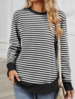 Best Women's Sweatshirt Casual Striped Street Dailywear Crew Neck Print Long Sleeve Black Pink Fall Winter Women Hoodies & Sweatshirts