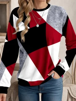 Online Women's Sweatshirt Geometric Street Dailywear Print Casual Crew Neck Long Sleeve Micro-elastic Fall Winter Comfrt Breathable Soft Fabric Women Hoodies & Sweatshirts