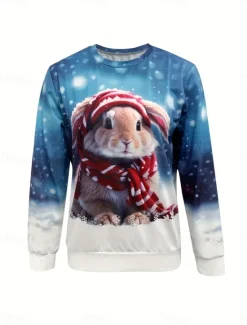 Best Women's Sweatshirt Polyester Rabbit Snowflake Street Print Casual Crew Neck Long Sleeve Micro-elastic Fall Winter Comfrt Breathable Soft Fabric Women Hoodies & Sweatshirts
