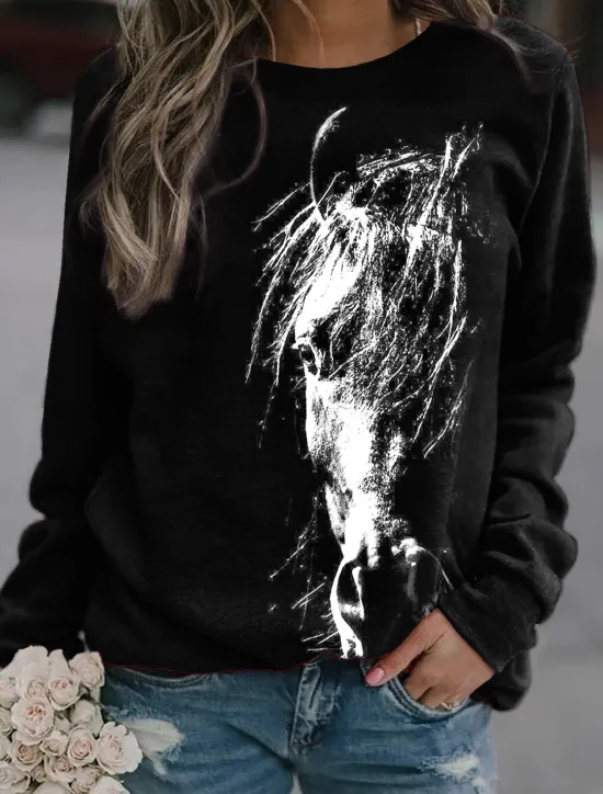 Discount Women's Sweatshirt Pullover Horse Daily Sports Print Active Streetwear Round Neck Long Sleeve Without Lining Micro-elastic Fall & Winter Comfrt Breathable Soft Fabric Women Hoodies & Sweatshirts