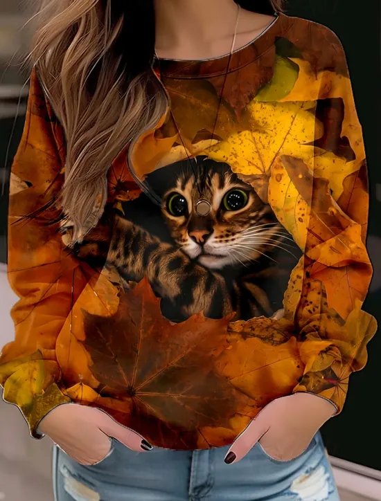 Sale Women's Sweatshirt Pullover Floral Cat Street Casual Vintage Sports Basic Round Neck Long Sleeve Top Micro-elastic Fall & Winter Comfrt Breathable Soft Fabric Women Hoodies & Sweatshirts