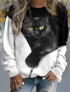 Sale Women's Sweatshirt Pullover Cat Street Casual Sports Basic Round Neck Long Sleeve Top Micro-elastic Fall & Winter Comfrt Breathable Soft Fabric Women Hoodies & Sweatshirts