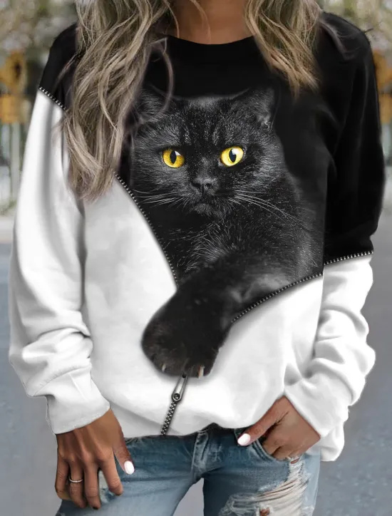 Sale Women's Sweatshirt Pullover Cat Street Casual Sports Basic Round Neck Long Sleeve Top Micro-elastic Fall & Winter Comfrt Breathable Soft Fabric Women Hoodies & Sweatshirts