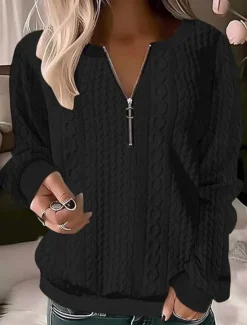 Discount Women's Sweatshirt Pullover Casual Textured Plain Dailywear Crew Neck Quarter Zip Long Sleeve Black White Red Gray Fall & Winter Women Hoodies & Sweatshirts