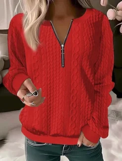 Discount Women's Sweatshirt Pullover Casual Textured Plain Dailywear Crew Neck Quarter Zip Long Sleeve Black White Red Gray Fall & Winter Women Hoodies & Sweatshirts